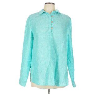 SIGRID OLSEN Teal 100% Linen Long Sleeve Roll-Tab Tunic Shirt Sz S
